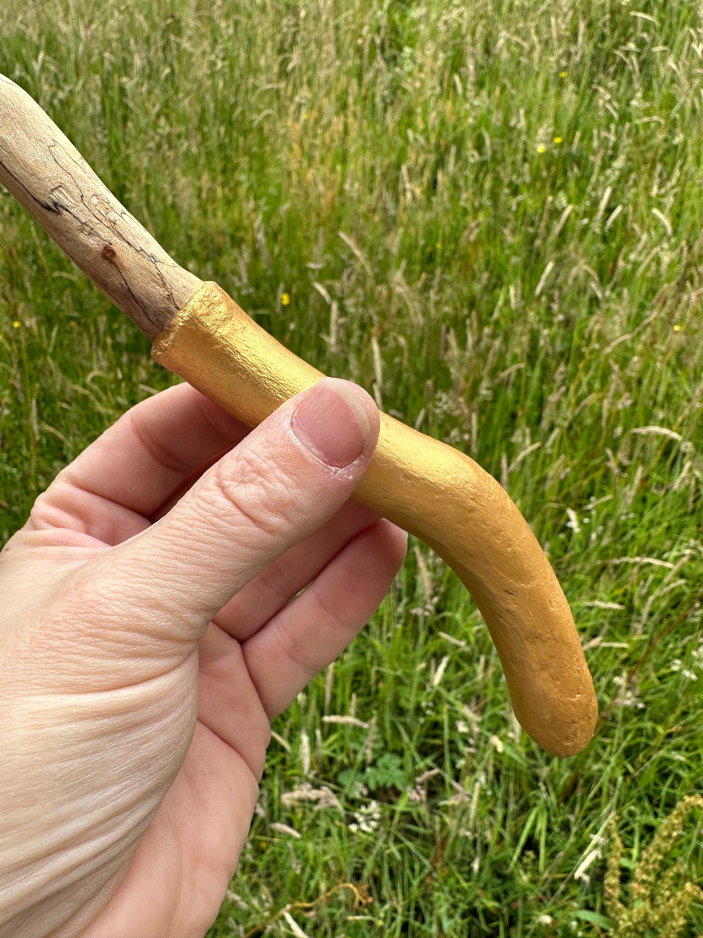 Hand Carved Natural Ash Wooden Gold Handle Wand