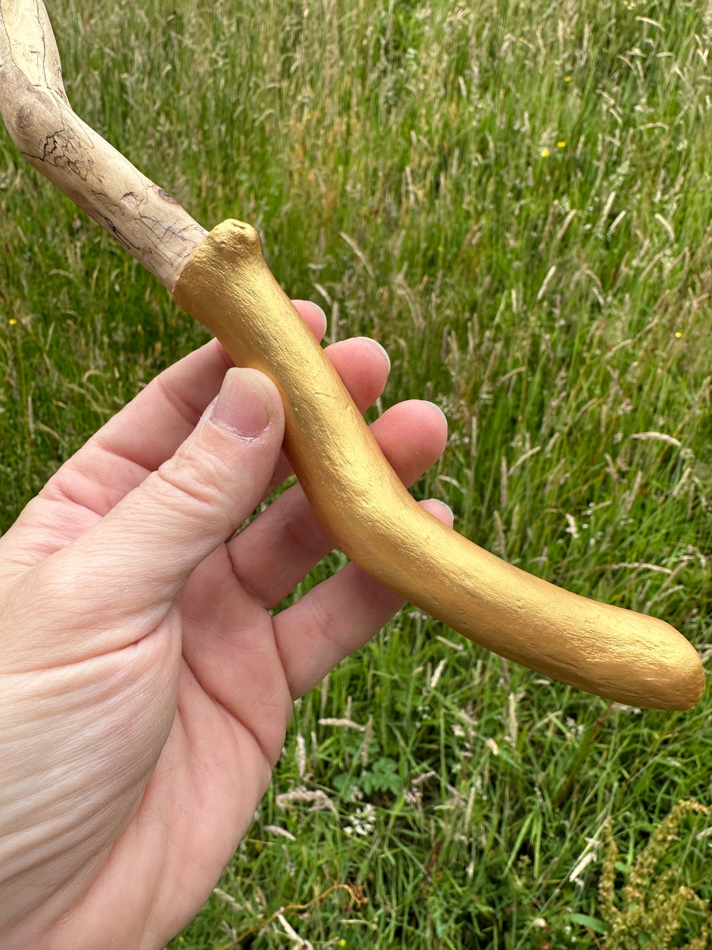 Hand Carved Natural Ash Wooden Gold Handle Wand