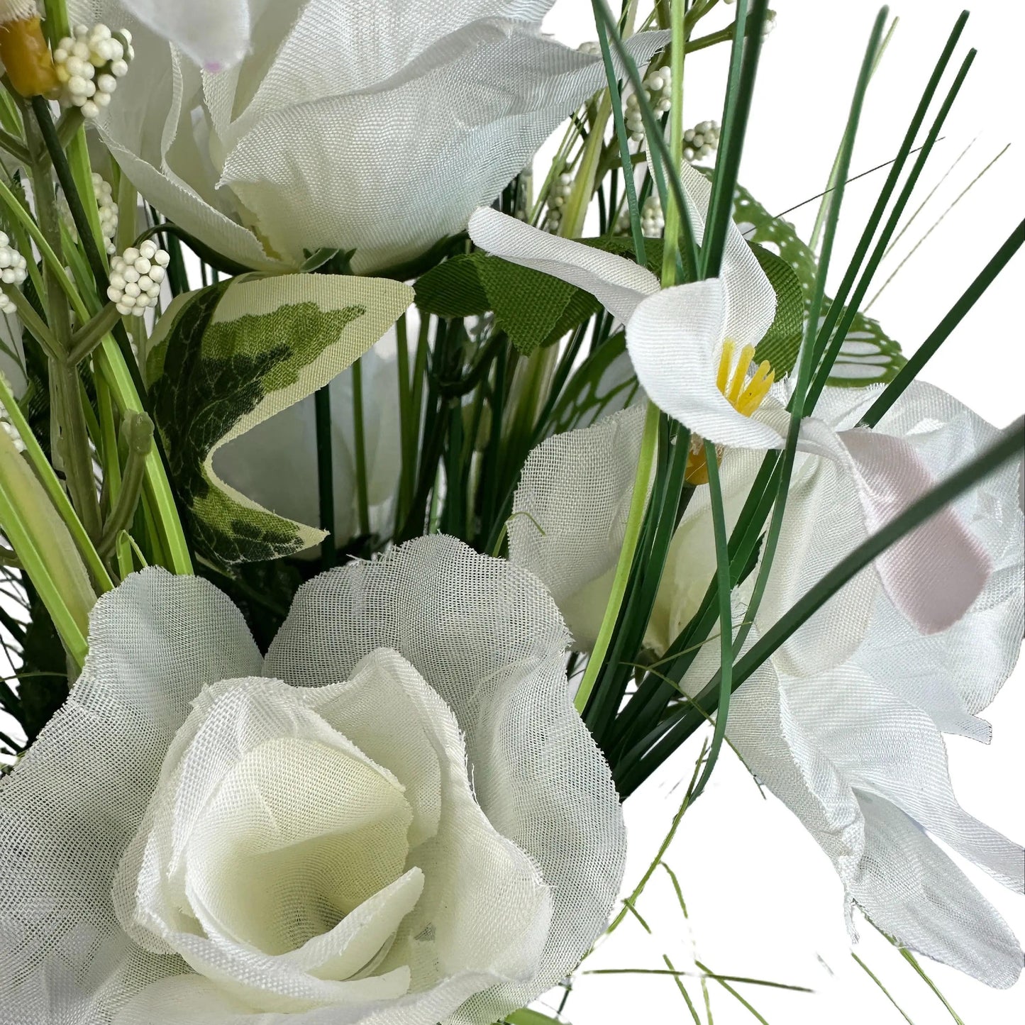 Artificial Grass, White Rose and Wild Flower Arrangement with Butterflies