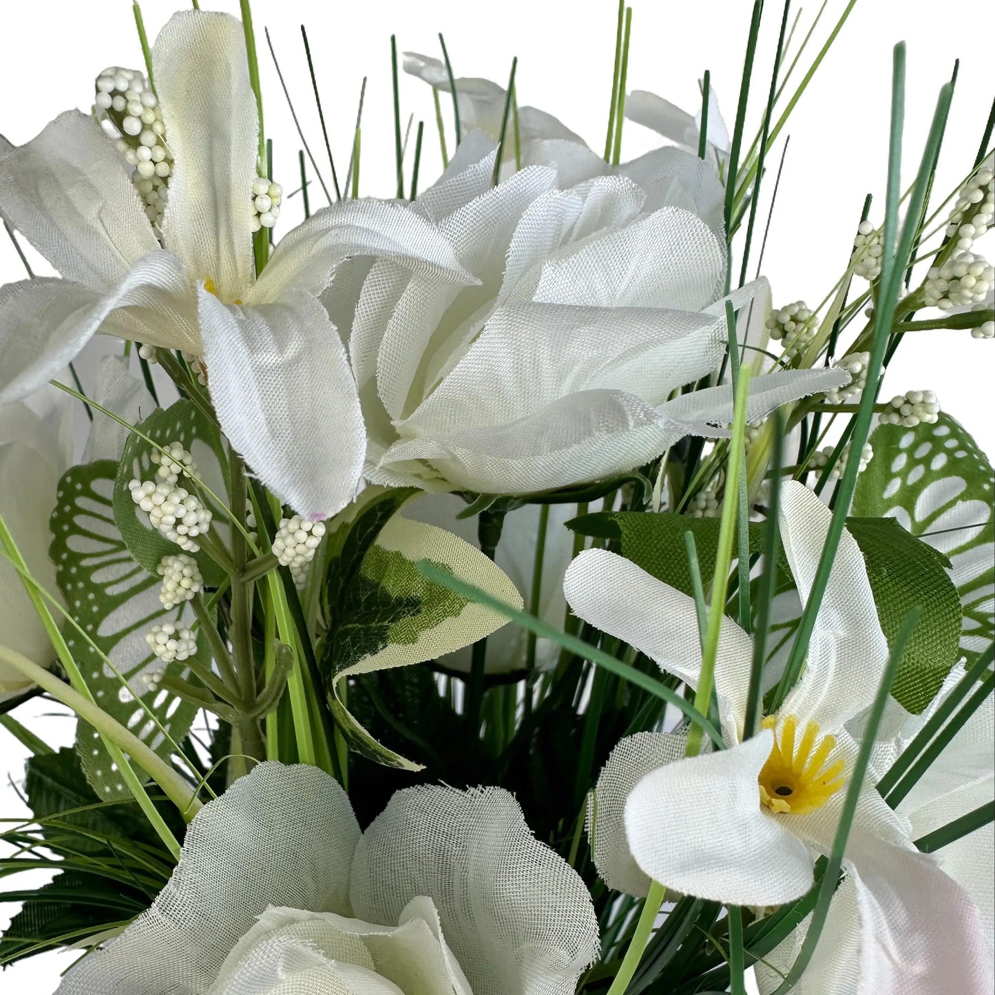 Artificial Grass, White Rose and Wild Flower Arrangement with Butterflies