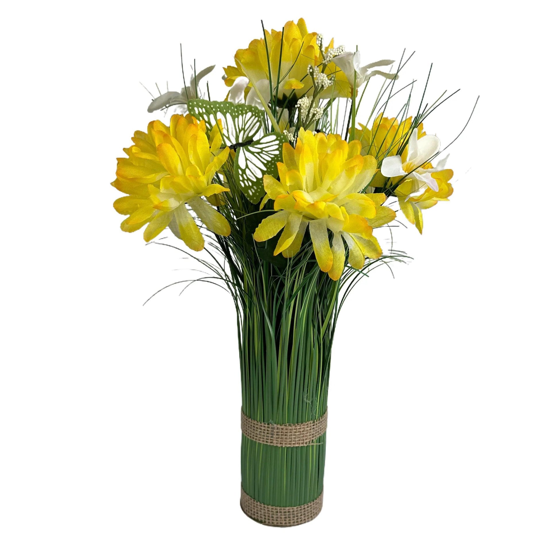 Artificial Grass, Yellow Chrysanthemum and Wild Flower Arrangement with Butterflies