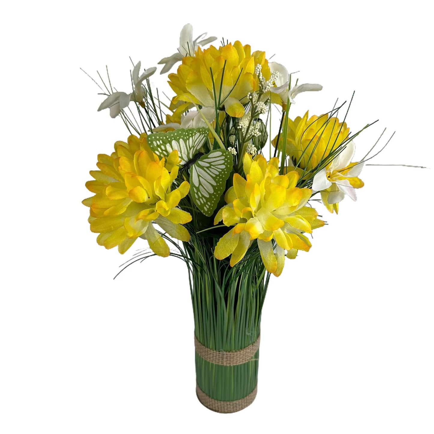 Artificial Grass, Yellow Chrysanthemum and Wild Flower Arrangement with Butterflies