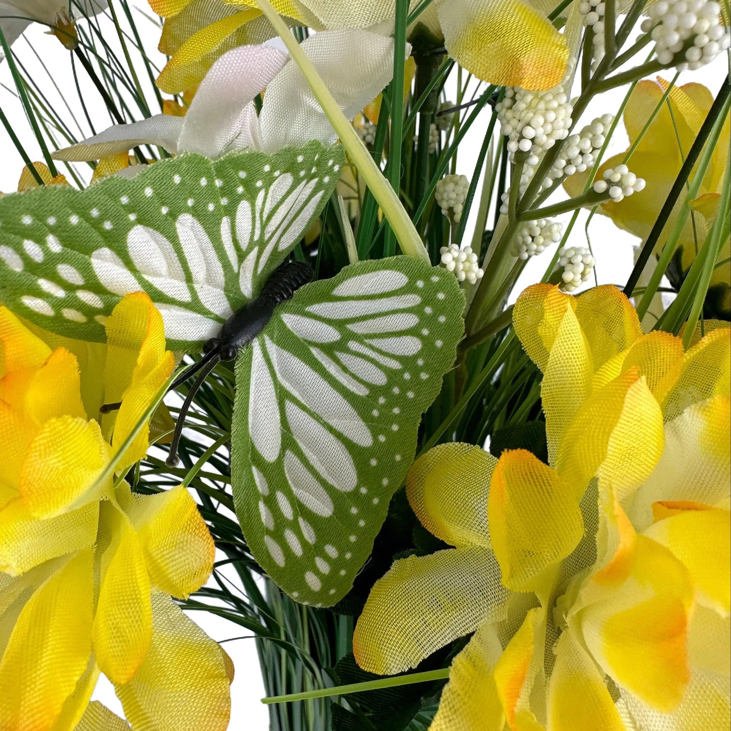 Artificial Grass, Yellow Chrysanthemum and Wild Flower Arrangement with Butterflies