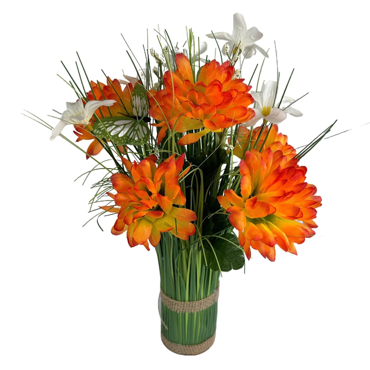 Artificial Grass, Orange Chrysanthemum and Wild Flower Arrangement with Butterflies