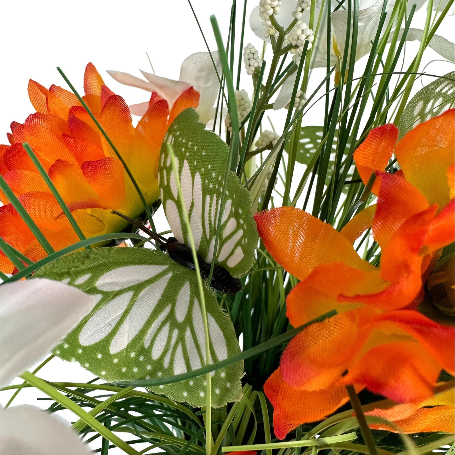 Artificial Grass, Orange Chrysanthemum and Wild Flower Arrangement with Butterflies
