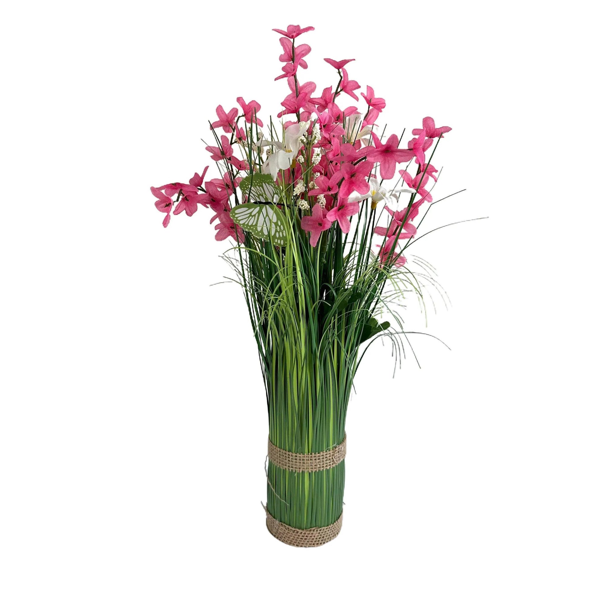 Artificial Grass, Pink Forsythia and Wild Flower Arrangement with Butterflies