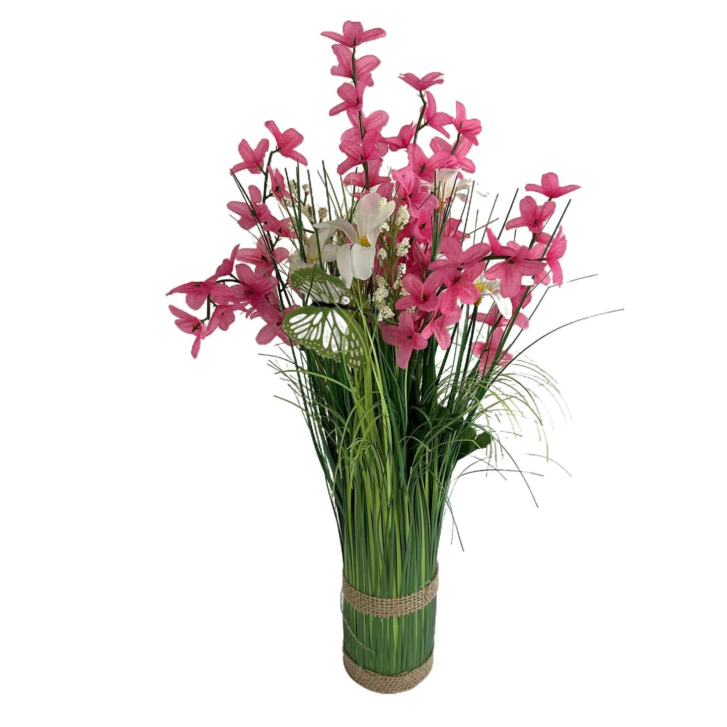 Artificial Grass, Pink Forsythia and Wild Flower Arrangement with Butterflies