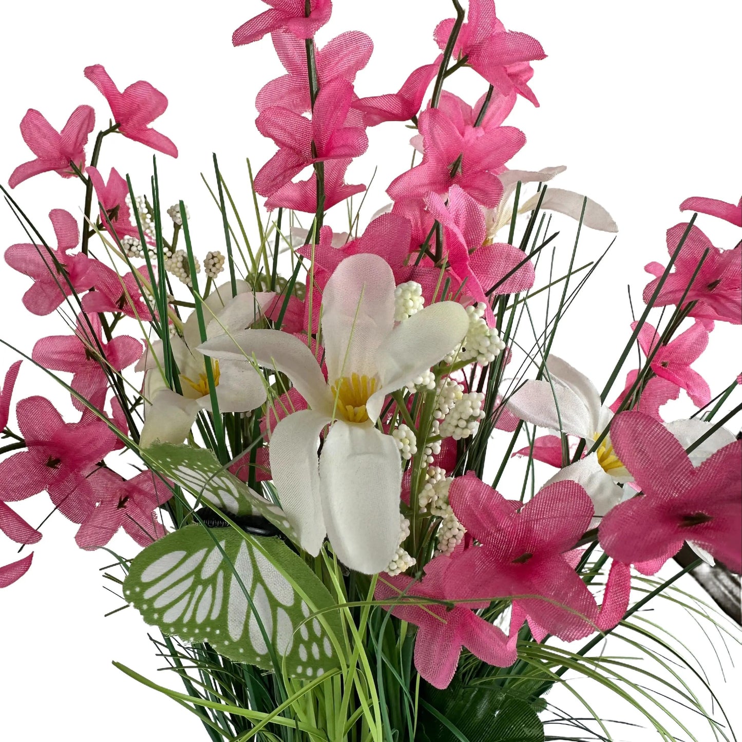 Artificial Grass, Pink Forsythia and Wild Flower Arrangement with Butterflies