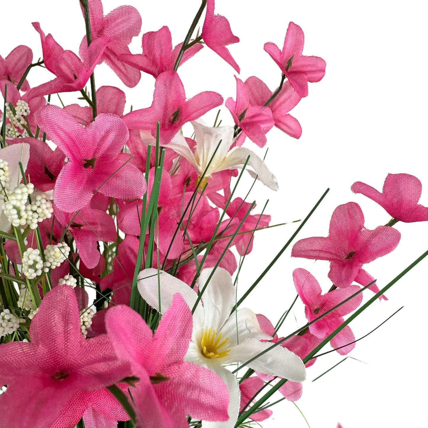 Artificial Grass, Pink Forsythia and Wild Flower Arrangement with Butterflies