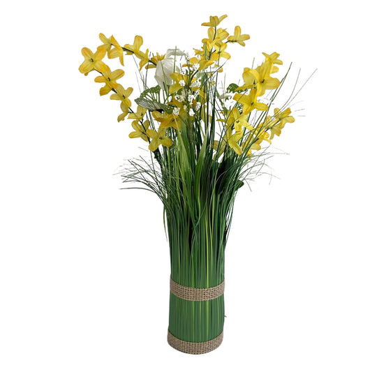 Artificial Grass, Yellow Forsythia and Wild Flower Arrangement with Butterflies