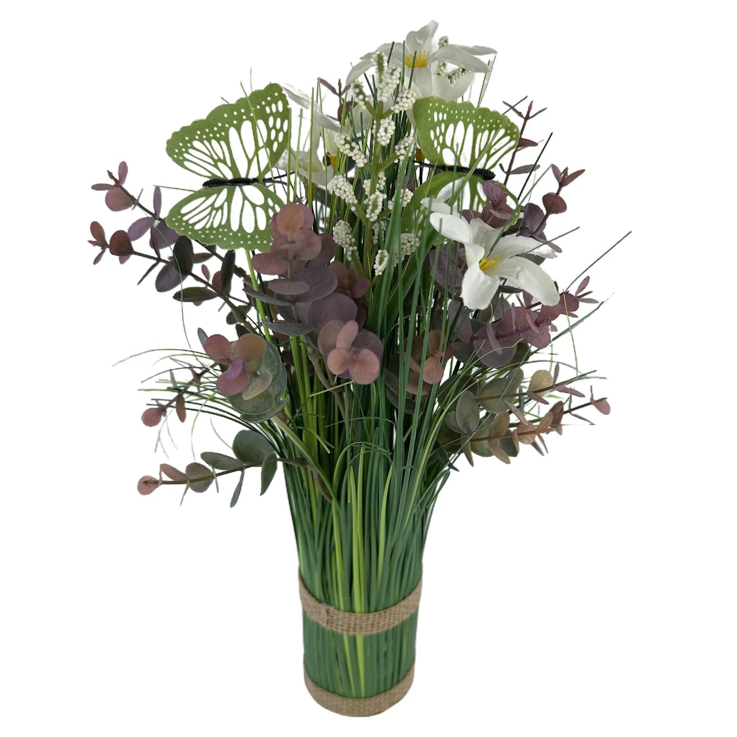 Artificial Grass, Purple Eucalyptus and Wild Flower Arrangement with Butterflies