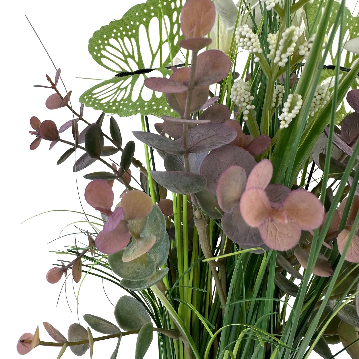 Artificial Grass, Purple Eucalyptus and Wild Flower Arrangement with Butterflies