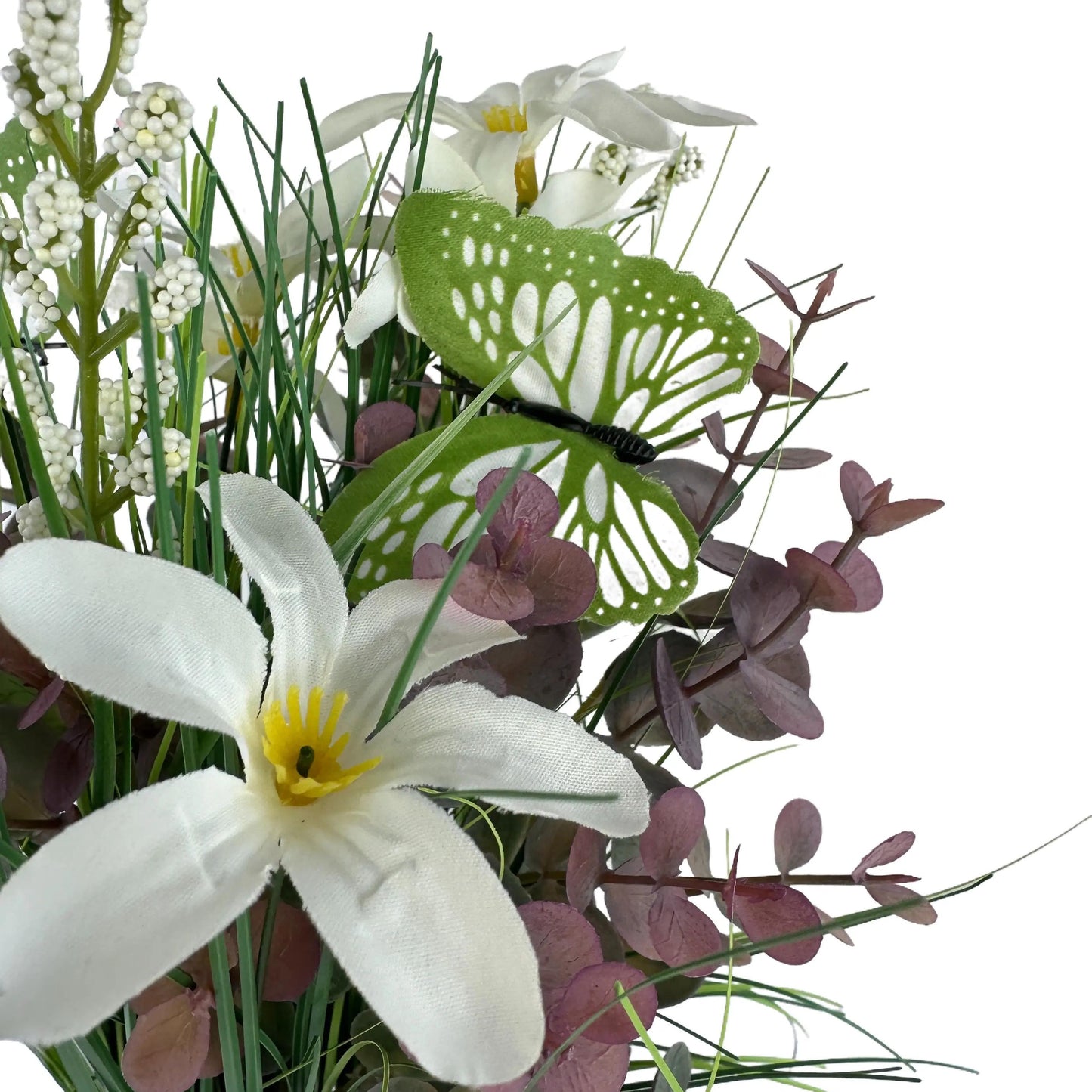 Artificial Grass, Purple Eucalyptus and Wild Flower Arrangement with Butterflies