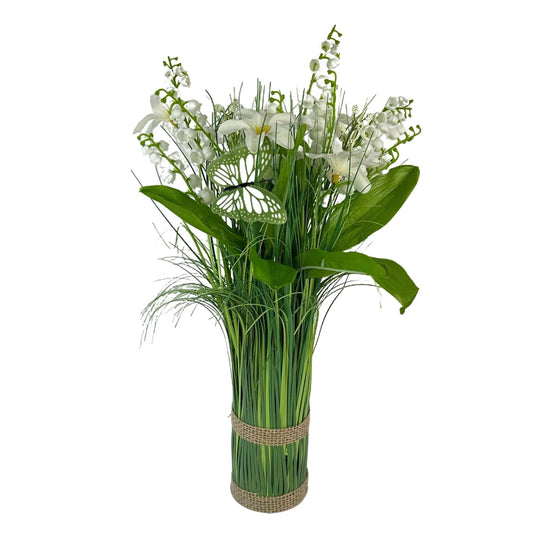 Artificial Grass, Lily of The Valley and Wild Flower Arrangement with Butterflies