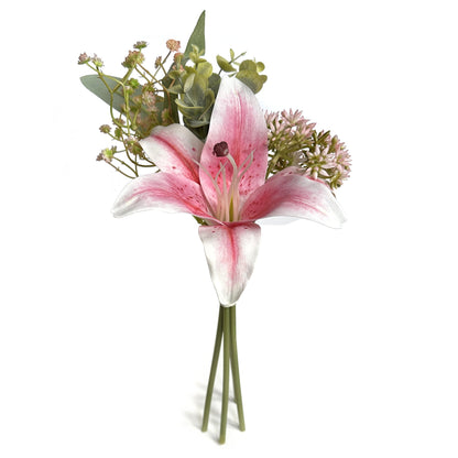 Artificial Pink Lily Bundle With Gypsophila, Eucalyptus and Sedum Flowers