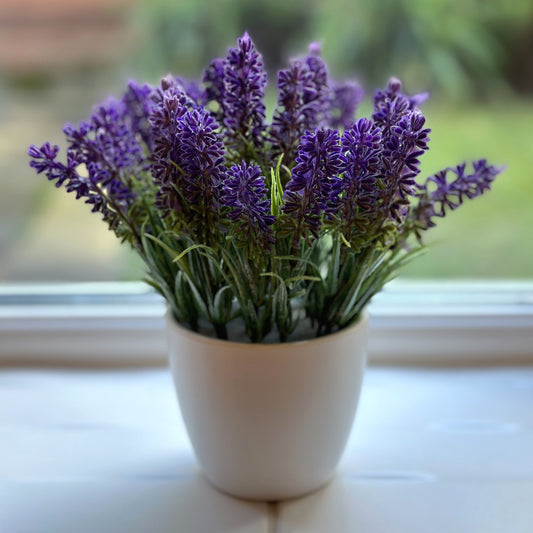 Artificial Lavender Flower Stems in 8cm White Ceramic Pot
