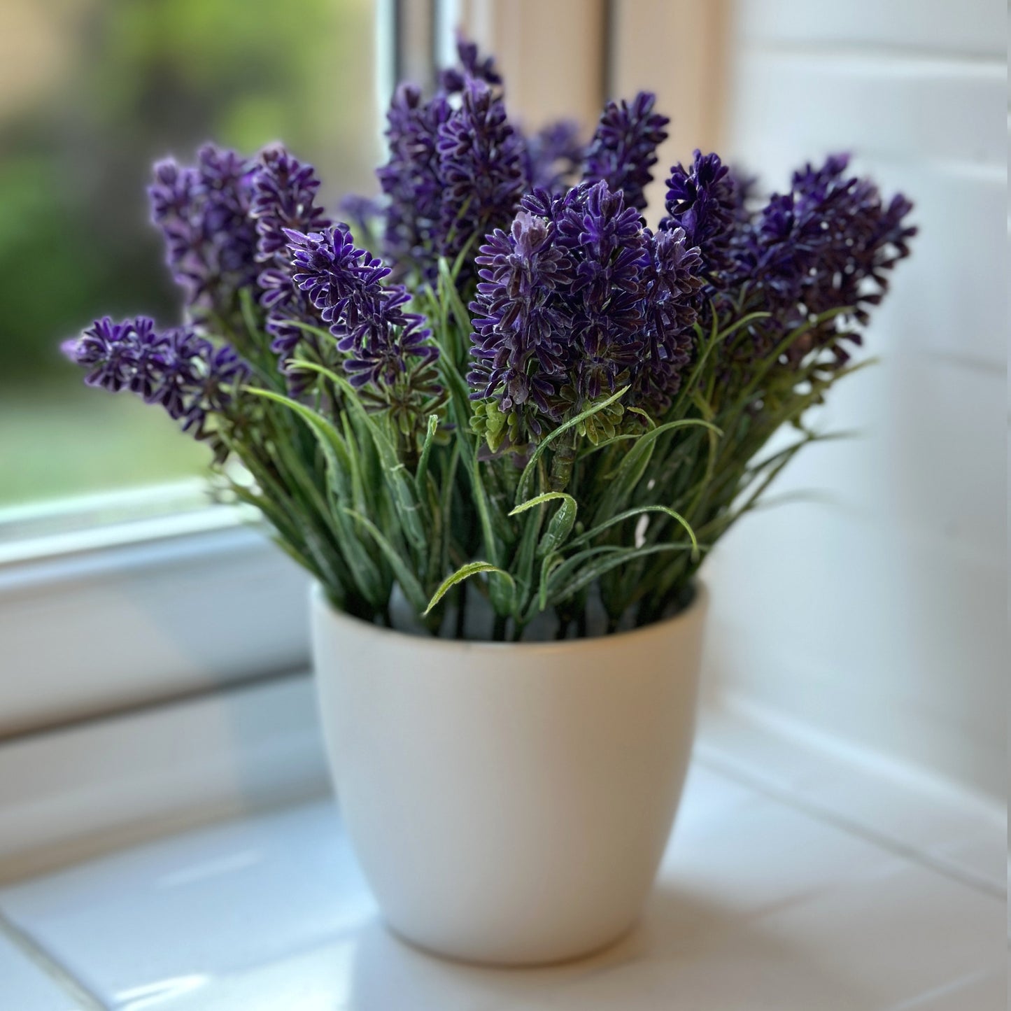 Artificial Lavender Flower Stems in 8cm White Ceramic Pot