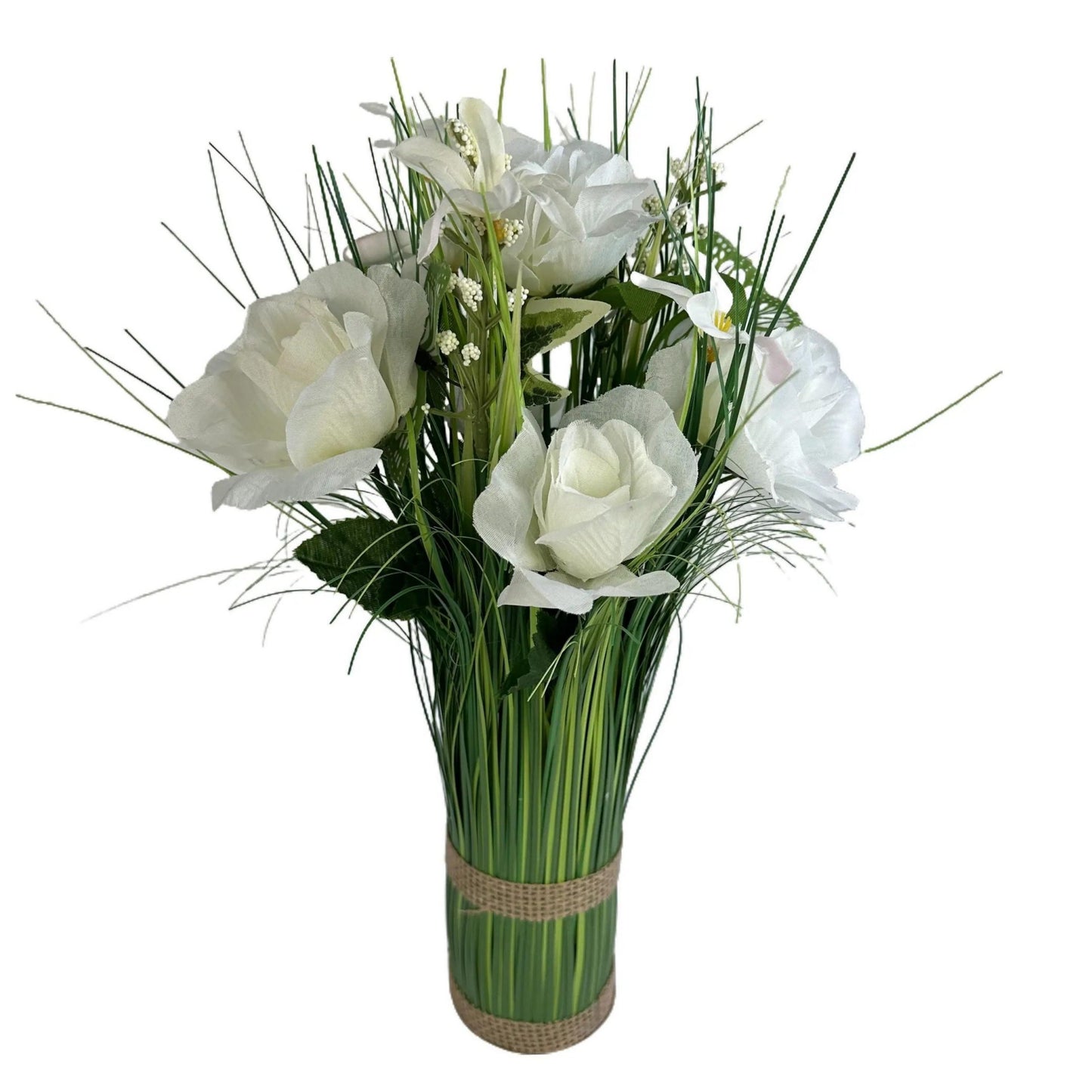 Artificial Grass, White Rose and Wild Flower Arrangement with Butterflies