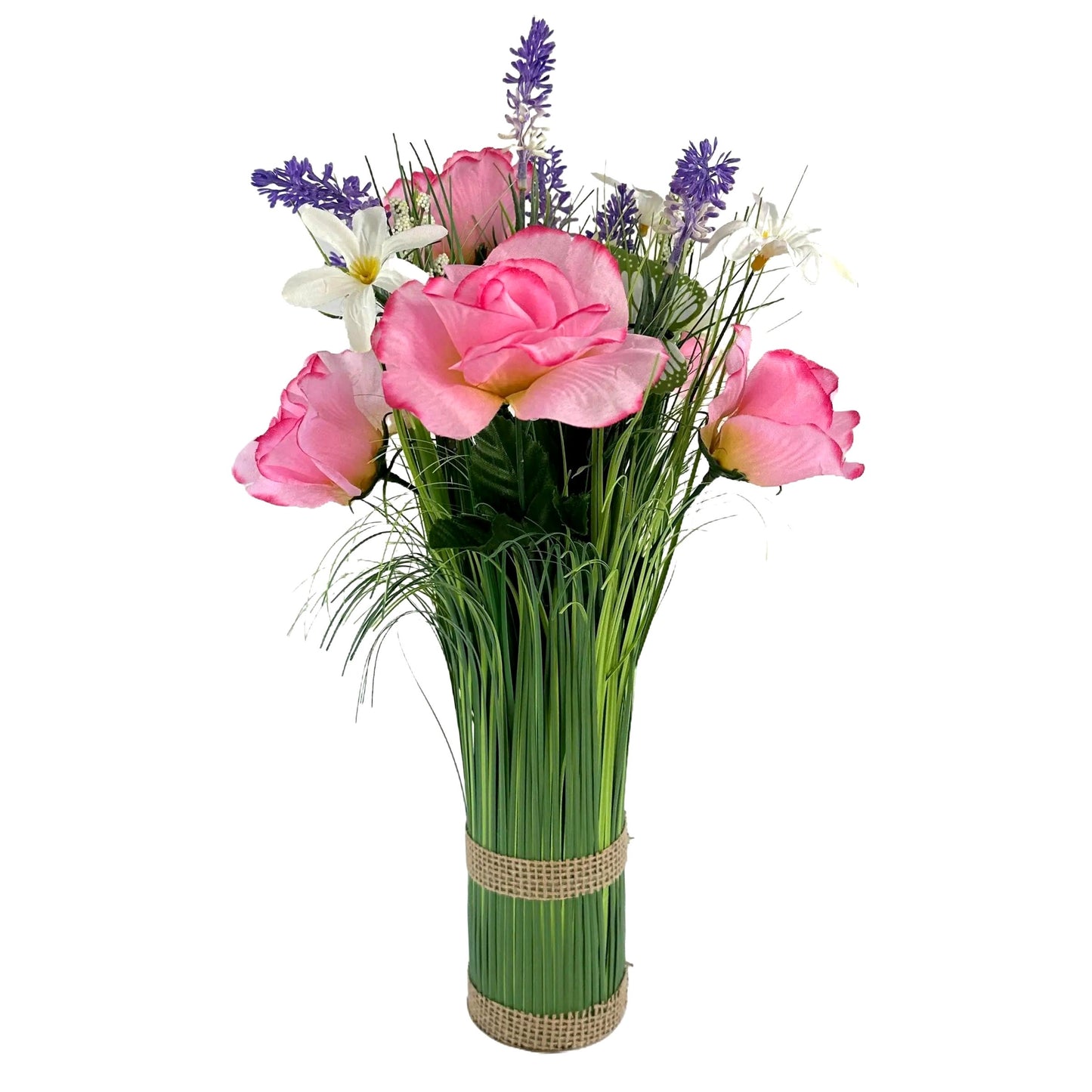 Artificial Grass, Pink Rose, Lavender and Wild Flower Arrangement with Butterflies