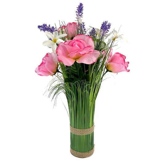 Artificial Grass, Pink Rose, Lavender and Wild Flower Arrangement with Butterflies