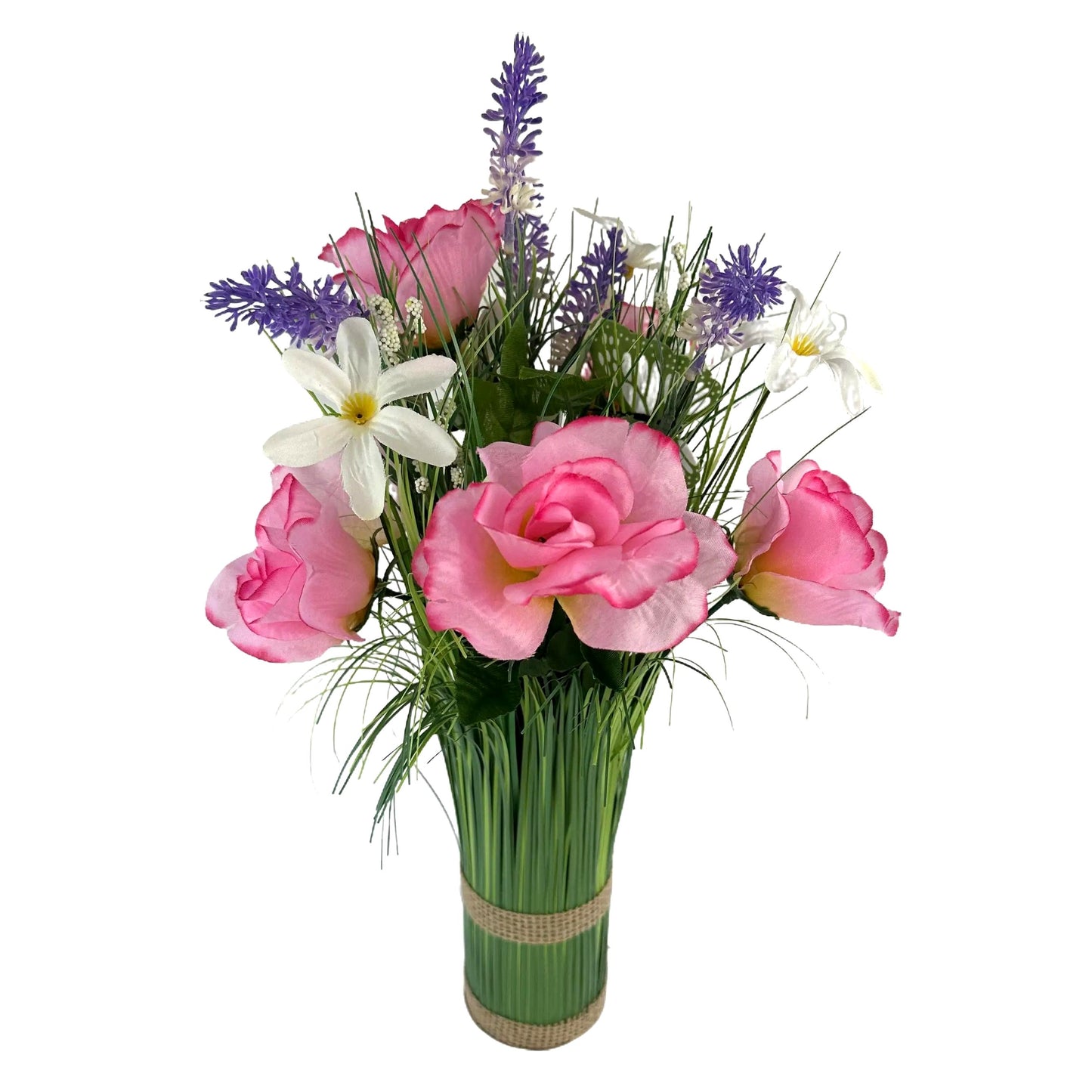 Artificial Grass, Pink Rose, Lavender and Wild Flower Arrangement with Butterflies