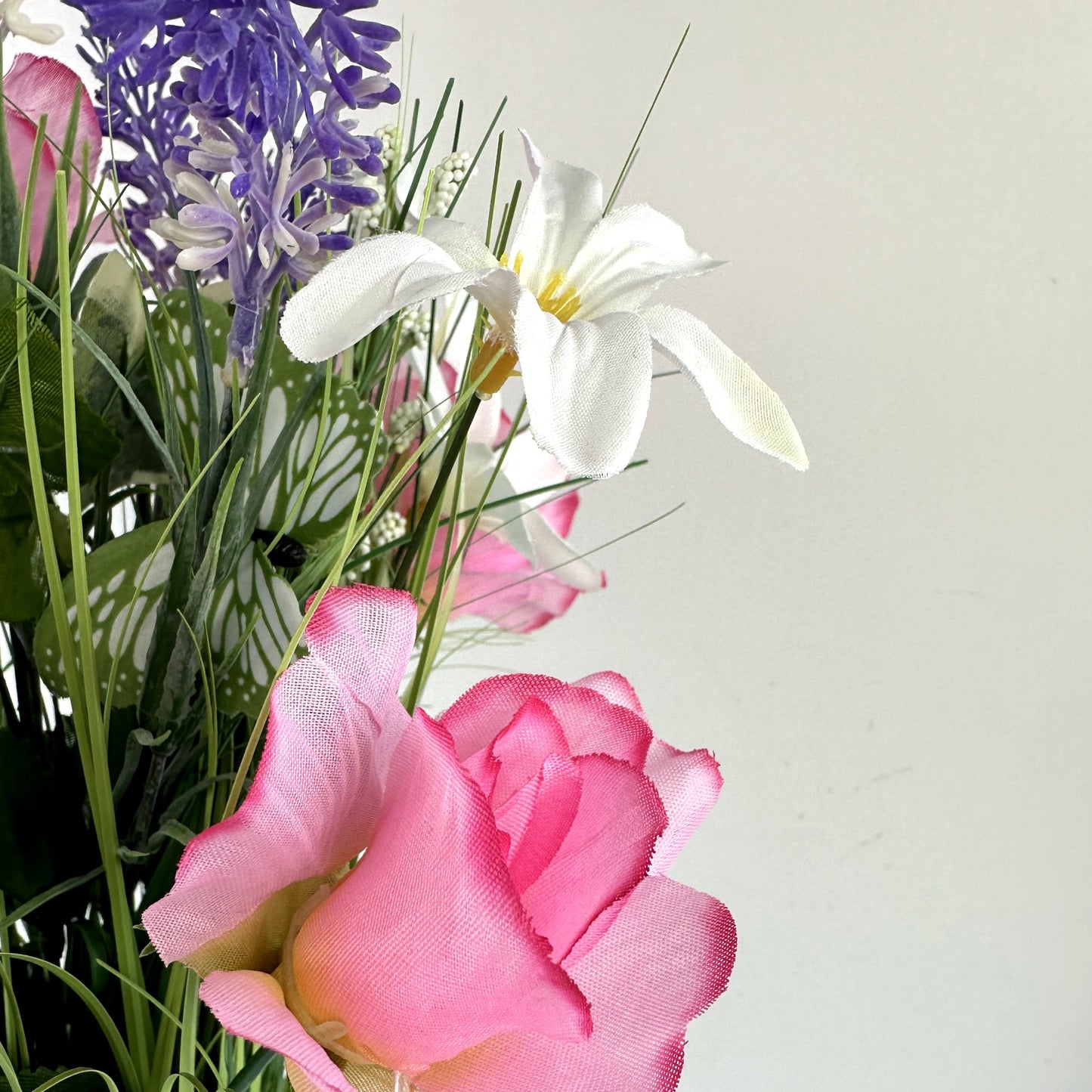 Artificial Grass, Pink Rose, Lavender and Wild Flower Arrangement with Butterflies