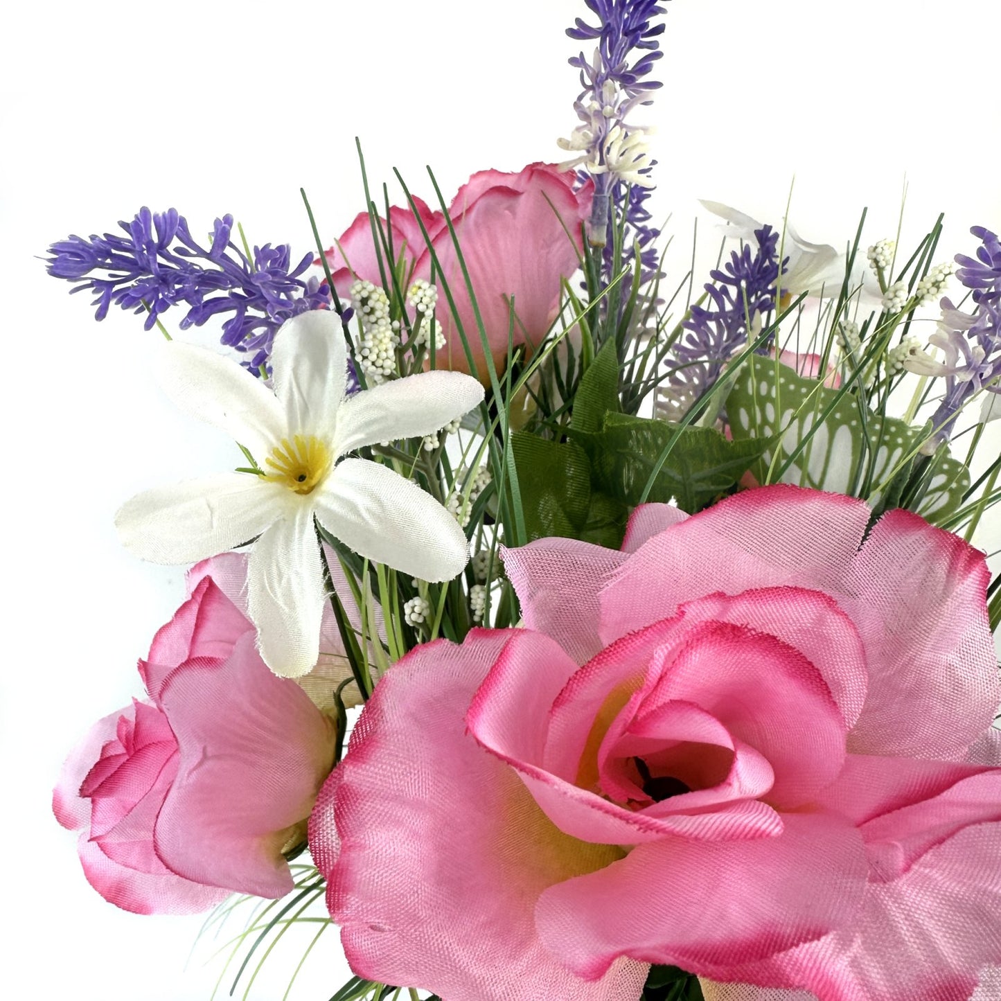 Artificial Grass, Pink Rose, Lavender and Wild Flower Arrangement with Butterflies