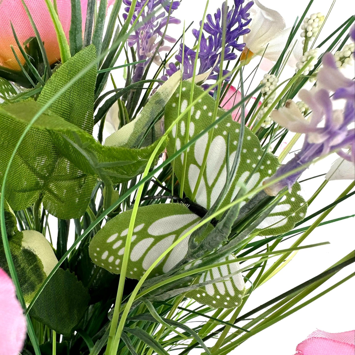 Artificial Grass, Pink Rose, Lavender and Wild Flower Arrangement with Butterflies