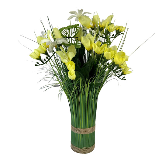 Artificial Grass, Yellow Freesia and Wild Flower Arrangement with Butterflies